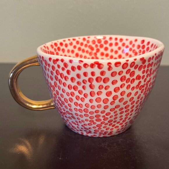 CREATIVE CO-OP Artisan Look Stoneware Mug w/ Red Dots Design & Shiny Gold Handle - Picture 2 of 11